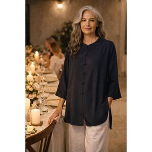 VTG - CASUAL CORNER 100% Silk Asian Tunic Frog Button Closure, Black, Sz S